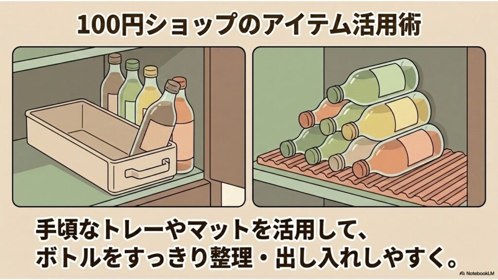 ダイソーの缶ストッカーやスタッキングマットを使って、冷蔵庫内のペットボトルを効率よく、かつ安価に整理するアイデアをまとめたスライド