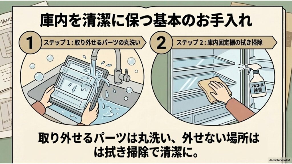 ドアポケットなどの取り外せるパーツの丸洗いと、外せない箇所のアルコール拭き掃除の2ステップを解説した衛生管理のスライド