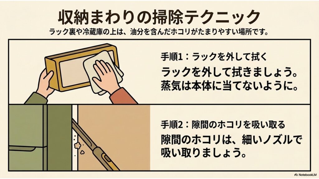 冷蔵庫の収納まわりの掃除テクニックのイラスト。ラックを外して本体に蒸気を当てずに拭く手順と、隙間に溜まったホコリを細いノズルで吸い取る手順を解説している
