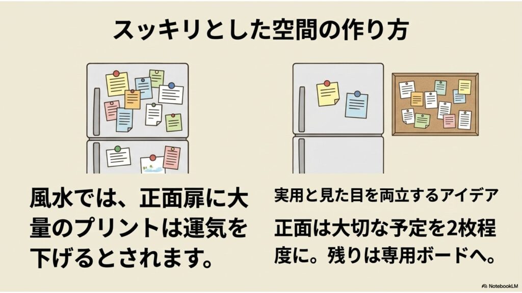 スッキリとした空間の作り方のイラスト。風水では正面扉に大量のプリントを貼ると運気が下がるとされるため、正面は大切な予定を2枚程度にとどめ、残りは専用ボードへ貼るアイデアを提案している