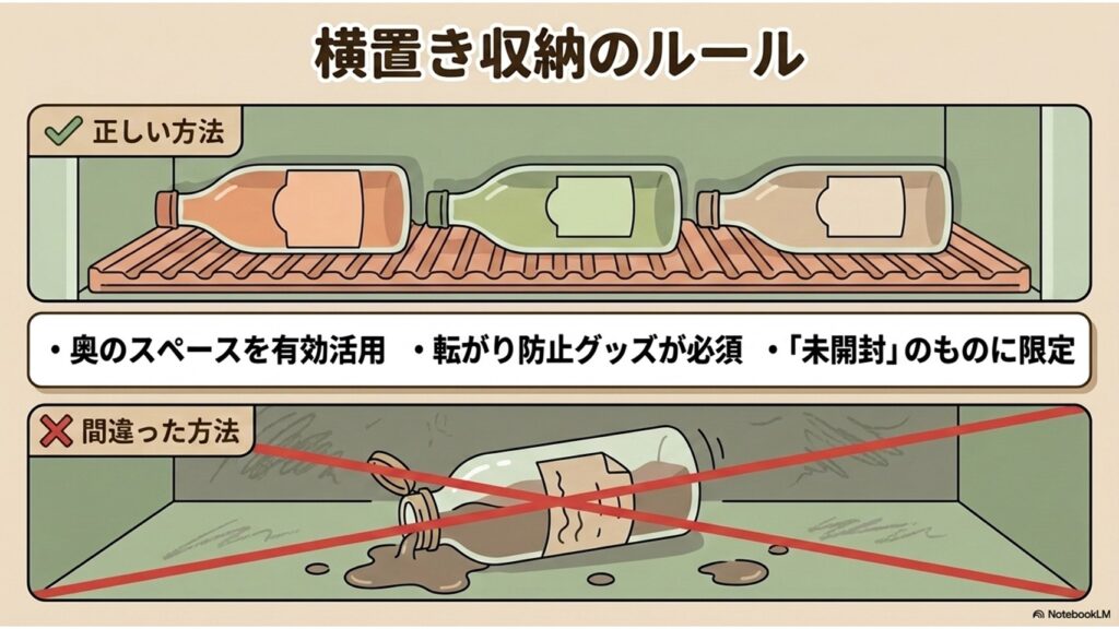 冷蔵庫の棚にマットを敷いてペットボトルを横置きする正しい方法と、液漏れする間違った方法を比較した注意喚起のスライド