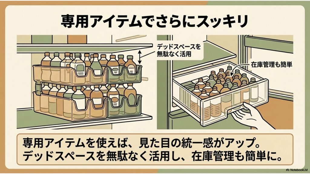 ニトリの透明なペットボトルホルダーや整理トレーを使用して、冷蔵庫内をコンビニの陳列棚のように美しく機能的に収納する例を示したスライド