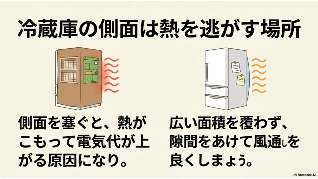 冷蔵庫の側面にある放熱スペースの図解イラスト。側面を塞ぐと熱がこもって電気代が上がる原因になるため、広い面積を覆わず隙間を空けて風通しを良くすることが推奨されている