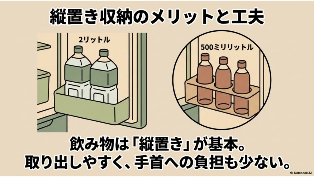 冷蔵庫のドアポケットに2Lと500mlのペットボトルを立てて収納している様子。取り出しやすさと液漏れ防止のメリットを説明した図解スライド