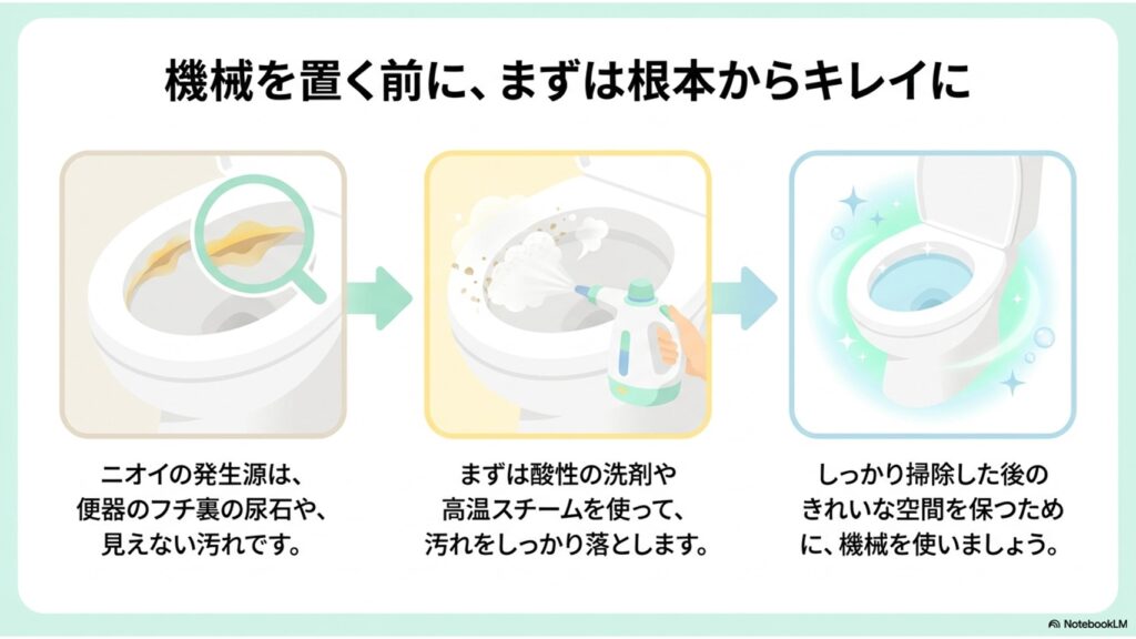 酸性洗剤やスチーム清掃で汚れを落とした後、脱臭機を使う根本的なニオイ対策