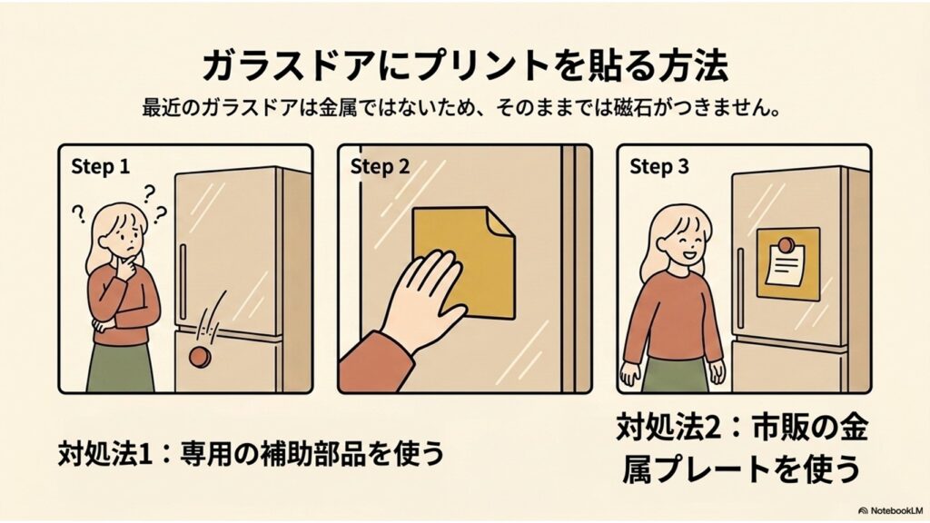 ガラスドアにプリントを貼る手順のイラスト。ガラスドアは金属ではないため磁石がつかないが、対処法として専用の補助部品や市販の金属プレートを使う方法を紹介している