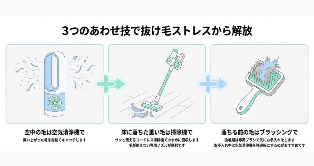 抜け毛ストレスから解放されるための空気清浄機、掃除機、ブラッシングの3つのあわせ技の解説図