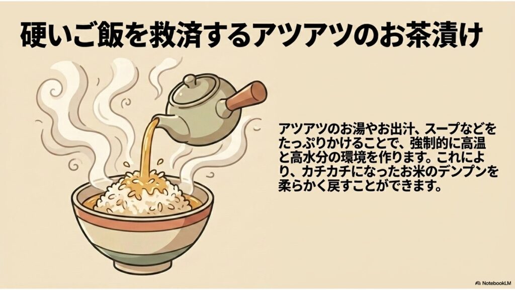 硬いご飯を救済するアツアツのお茶漬け。アツアツのお湯やお出汁、スープなどをたっぷりかけて、強制的に高温と高水分の環境を作り硬くなったお米のデンプンを柔らかく戻す様子を示すイラスト