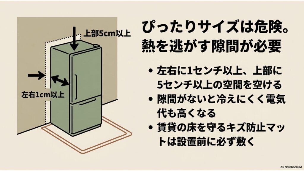 冷蔵庫の左右に1センチ以上、上部に5センチ以上の放熱スペースが必要であることを示すイラスト。隙間がないと冷えにくく電気代が高くなることや、キズ防止マットの必要性も記載