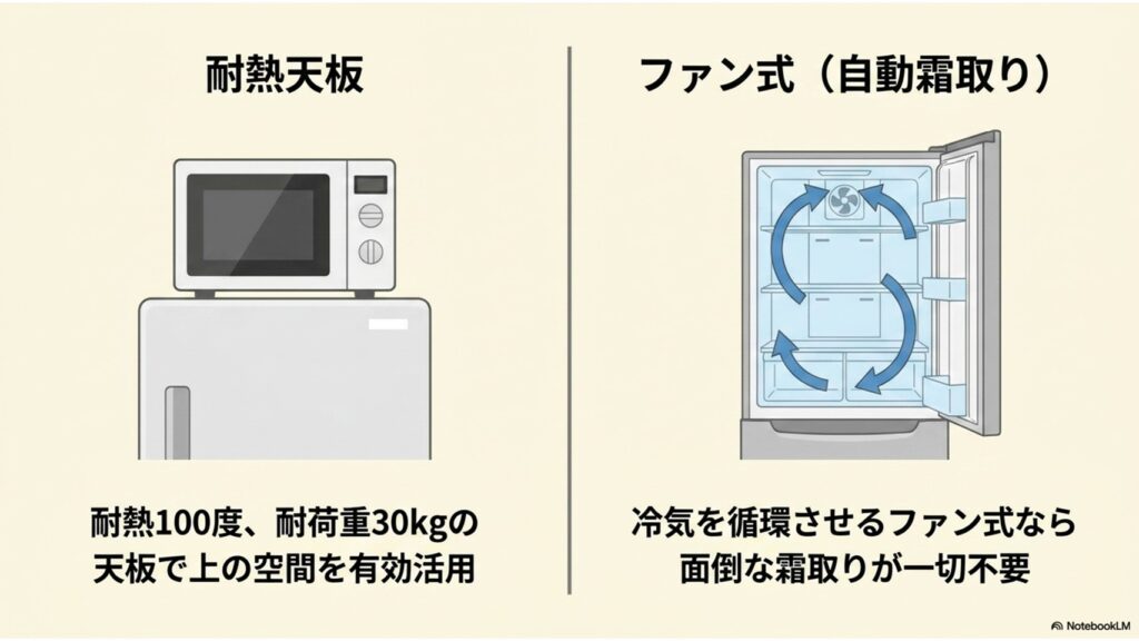 耐熱温度100度・耐荷重30kgの耐熱天板による上部空間の活用と、冷気を循環させるファン式（自動霜取り）のメリットを解説