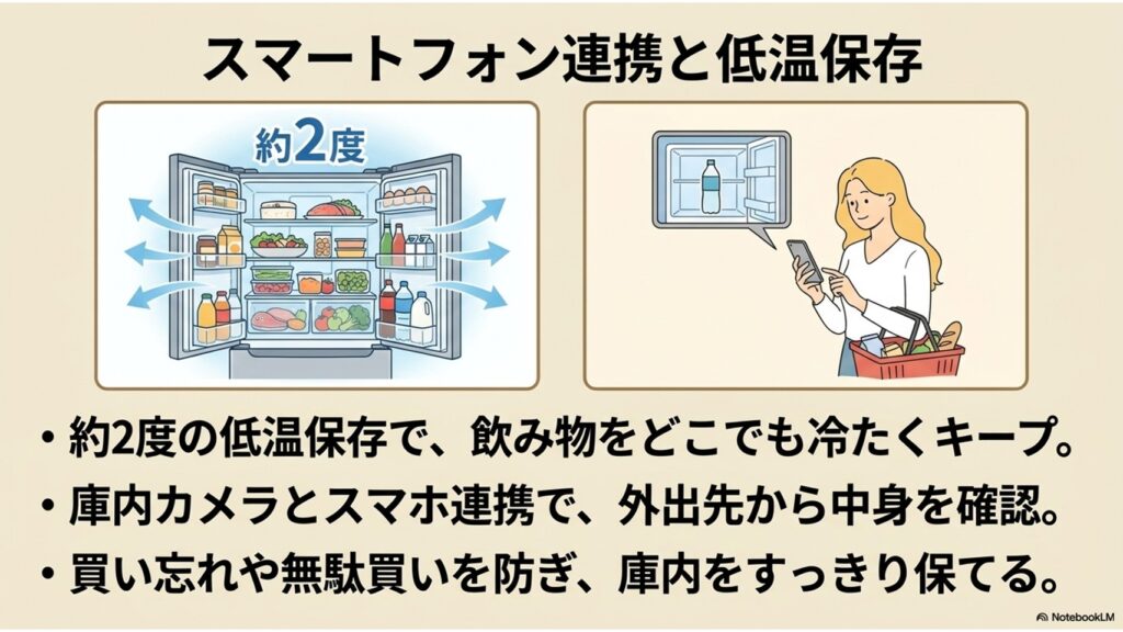 日立の冷蔵庫内を約2度で保つ「まるごとチルド」機能と、スマホアプリで庫内カメラ映像を確認して在庫管理するスマート家電のメリットを解説