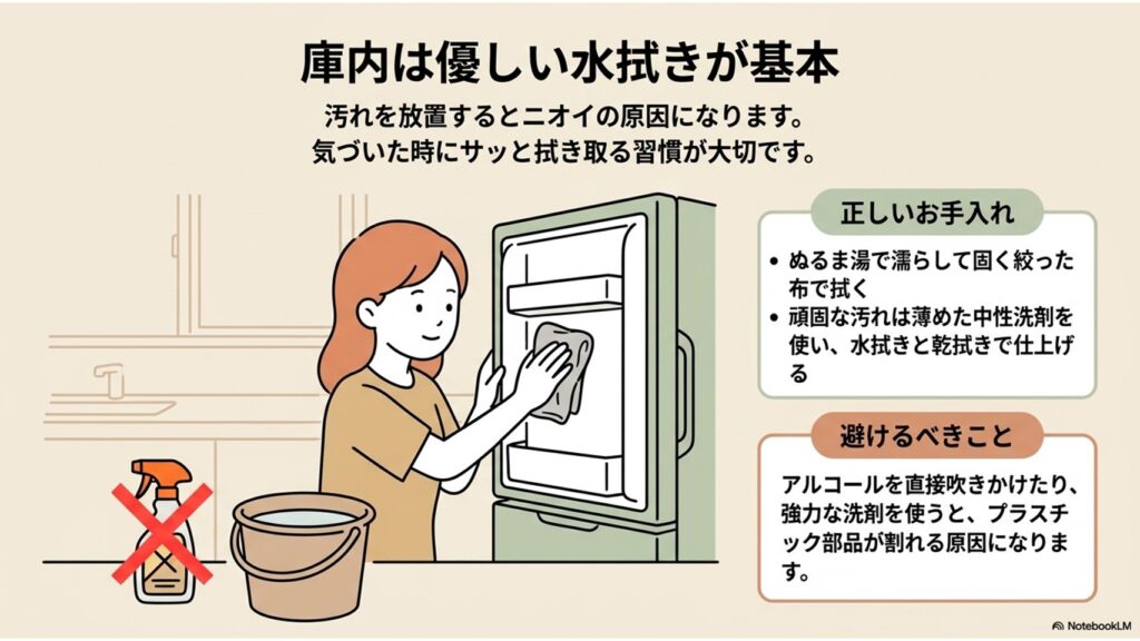 冷蔵庫の庫内はぬるま湯で水拭きするか中性洗剤を使用し、プラスチックが割れる原因となるためアルコールスプレーや強力な洗剤は避けるよう説明したイラスト