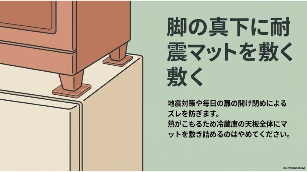 電子レンジの脚の真下に耐震マットが敷かれているイラスト。脚の真下に耐震マットを敷くことで地震対策や扉の開け閉めによるズレを防ぐこと、熱がこもるため冷蔵庫の天板全体にマットを敷き詰めるのはやめるよう書かれています