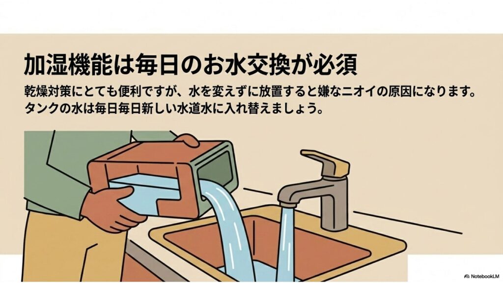 雑菌の繁殖を防ぐため、加湿タンクの水を毎日交換しているイラスト