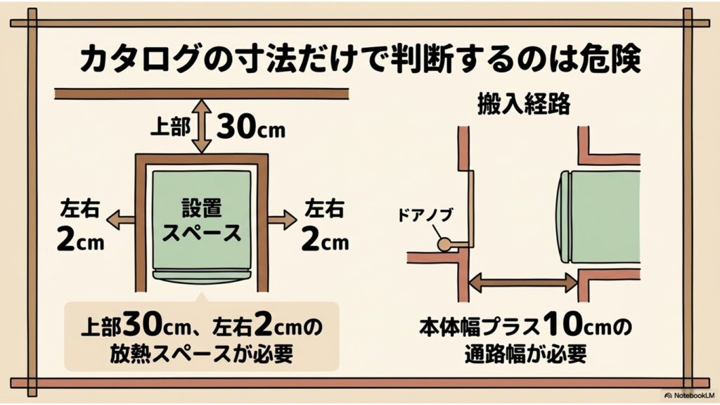 カタログ寸法だけで判断せず、上部30cm・左右2cmの放熱スペースと、本体幅プラス10cmの搬入経路幅を確保する必要性を説明