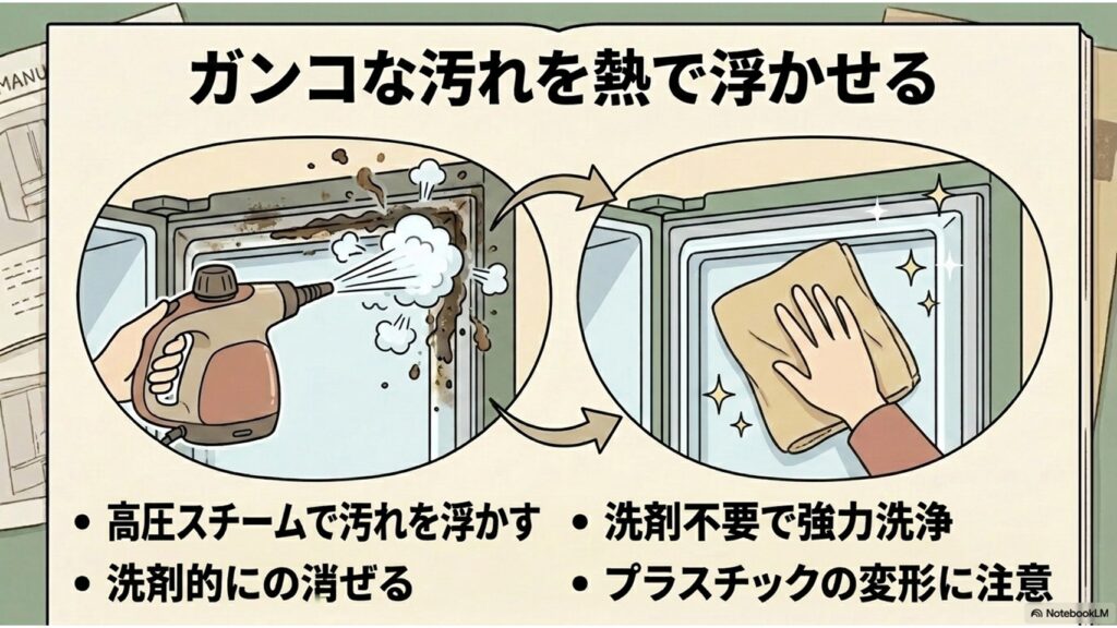 ケルヒャーのハンディスチームクリーナーを使って、洗剤を使わず熱の力で冷蔵庫のガンコなベタつき汚れやパッキンの汚れを浮かす方法を解説