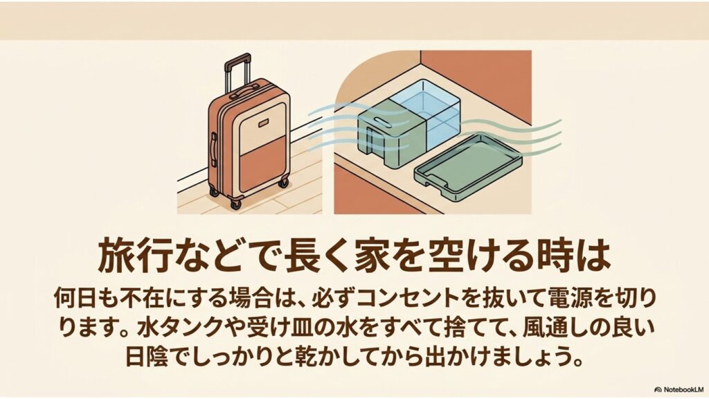 長期不在時はコンセントを抜き、タンクとトレーの水を捨てて乾かしているイラスト