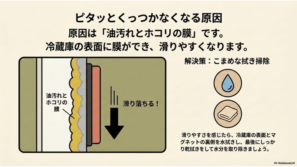 マグネットがくっつかなくなる原因の図解。冷蔵庫の表面に油汚れとホコリの膜ができることで滑りやすくなるため、こまめな拭き掃除で油分を取り除くことが解決策として示されている