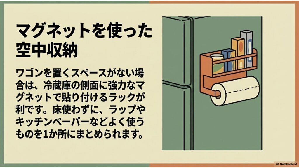 冷蔵庫の側面に貼り付けられたマグネットラックに、ラップ、キッチンペーパー、ボトル類が収納されているイラスト。床を使わずに収納スペースを増やせるマグネット空中収納のメリットを解説するスライド