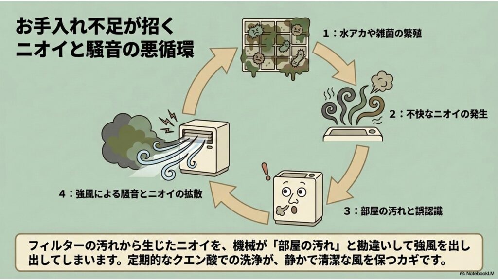 加湿フィルターの汚れが原因でセンサーが誤作動し、騒音とともに嫌なニオイを撒き散らす悪循環を示す図解