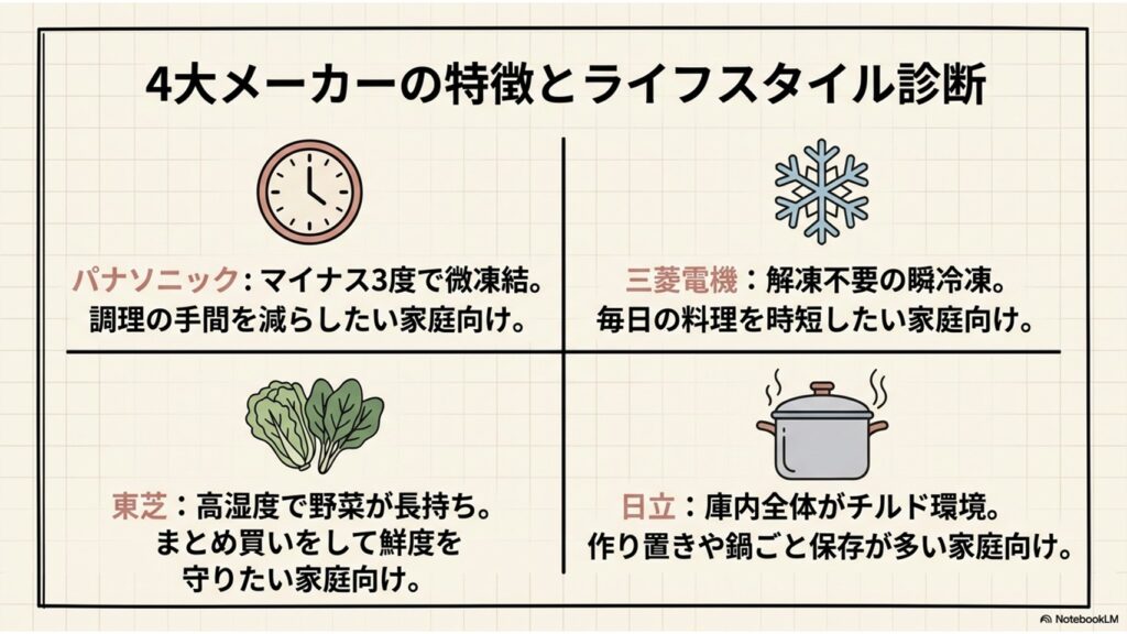 パナソニック(微凍結)、三菱(瞬冷凍)、東芝(野菜鮮度)、日立(まるごとチルド)の4メーカーの特徴をまとめた比較スライド。それぞれの強みと、どんなライフスタイルの家庭に向いているかを一目でわかるように分類しています