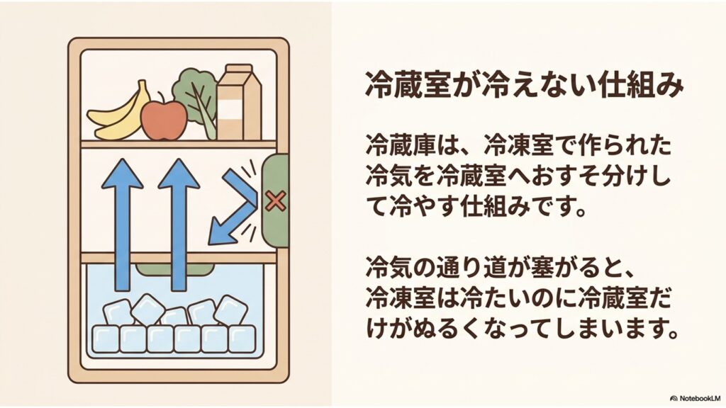冷凍庫で冷やされた空気が冷蔵室へ分配される仕組みと、通り道が塞がれるトラブルのイメージ図