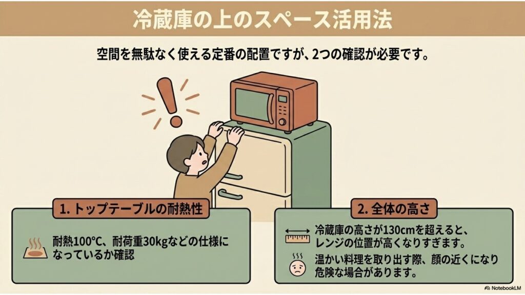 冷蔵庫の上に電子レンジを設置する場合、トップテーブルが耐熱100度・耐荷重30kgであることと、冷蔵庫の高さが130cmを超えるとレンジが高くなりすぎることを説明したイラスト