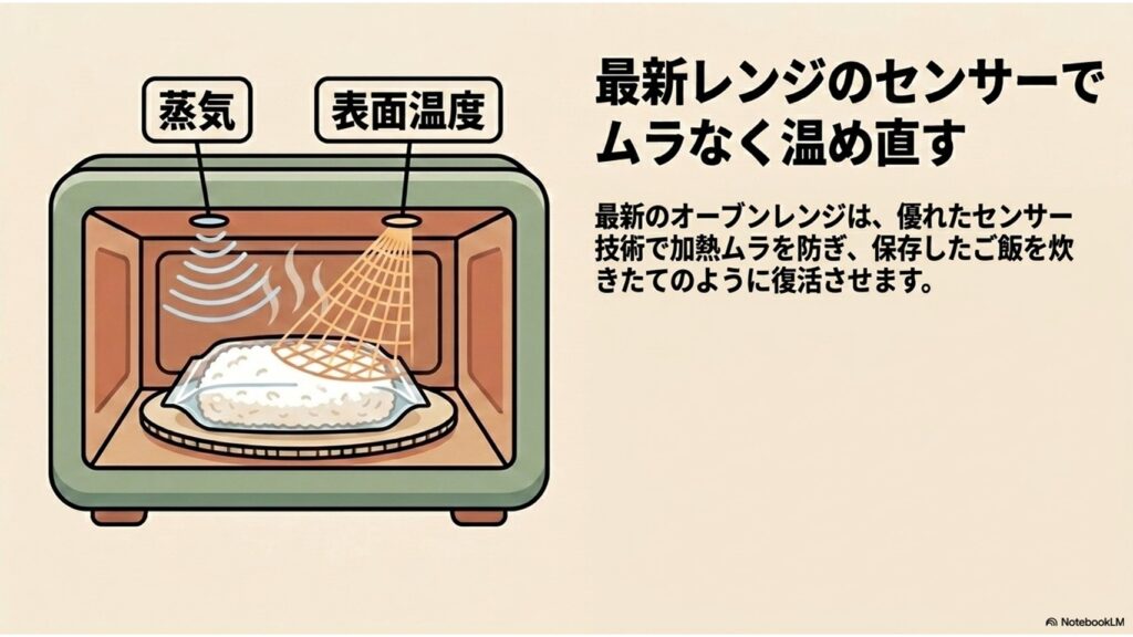 最新レンジのセンサーでムラなく温め直す。優れたセンサー技術（蒸気・表面温度）で加熱ムラを防ぎ、保存したご飯を炊きたてのように復活させる仕組みのイラスト