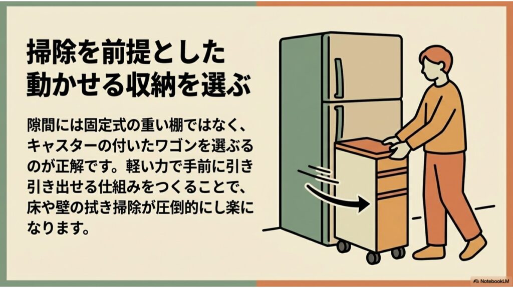 人物がキャスター付きの収納ワゴンを冷蔵庫の横から手前に引き出しているイラスト。固定式ではなく可動式を選ぶことで、冷蔵庫横や壁の掃除が圧倒的に楽になることを推奨する解説図