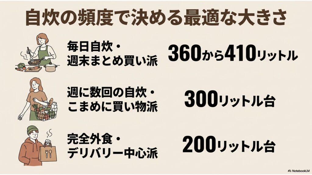 毎日自炊・週末まとめ買い派は360〜410L、週に数回の自炊・こまめに買い物派は300L台、完全外食・デリバリー中心派は200L台という、自炊頻度別の最適な冷蔵庫サイズを示すイラスト