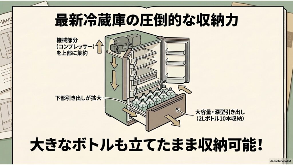 パナソニック「トップユニット方式」冷蔵庫の構造図。コンプレッサーを上に配置し、下の野菜室に2Lボトルを10本収納できる広さを解説したスライド