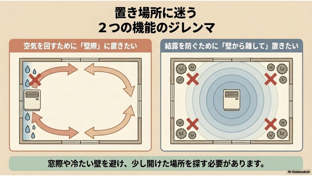 空気清浄は壁際、加湿は部屋の中央が適しているという、一体型ならではの配置の難しさを比較した間取り図