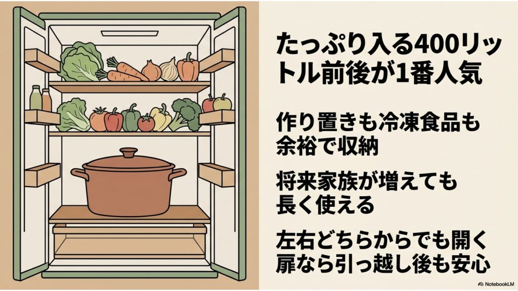 たっぷり収納できる400L前後の冷蔵庫のイラスト。作り置きや冷凍食品の収納、将来の家族増加への対応、左右どちらからでも開く扉の利便性について説明しています