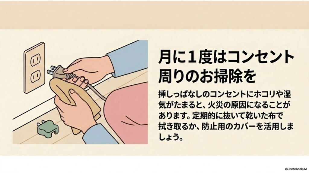 トラッキング火災を防ぐため、電源プラグのホコリを拭き取っているイラスト