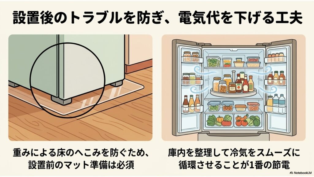 床のへこみを防ぐための保護マットの必須性と、庫内を整理して冷気を循環させることが節電につながることを説明