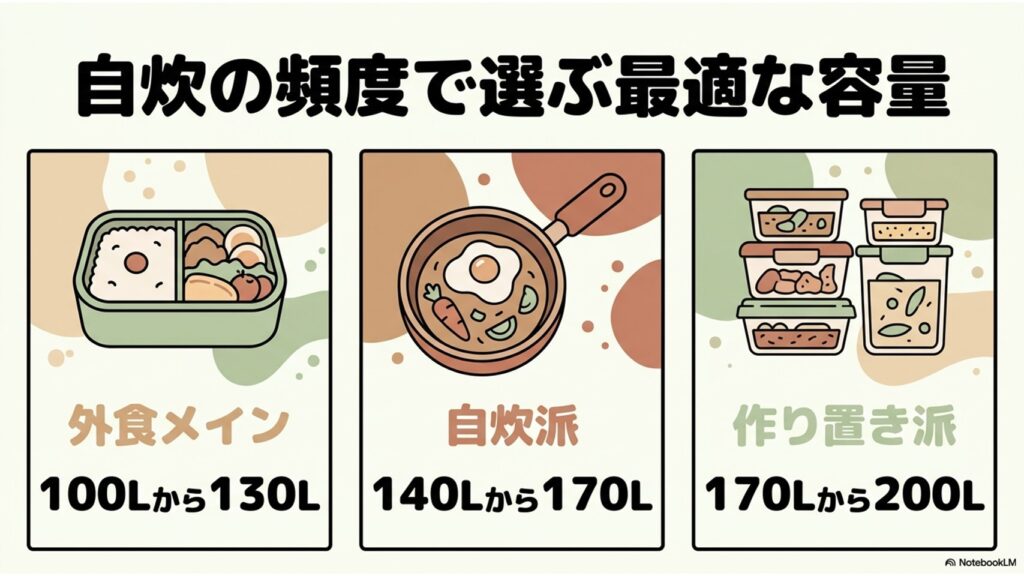 自炊の頻度で選ぶ最適な冷蔵庫容量の目安。外食メインは100L〜130L、自炊派は140L〜170L、作り置き派は170L〜200Lがおすすめ