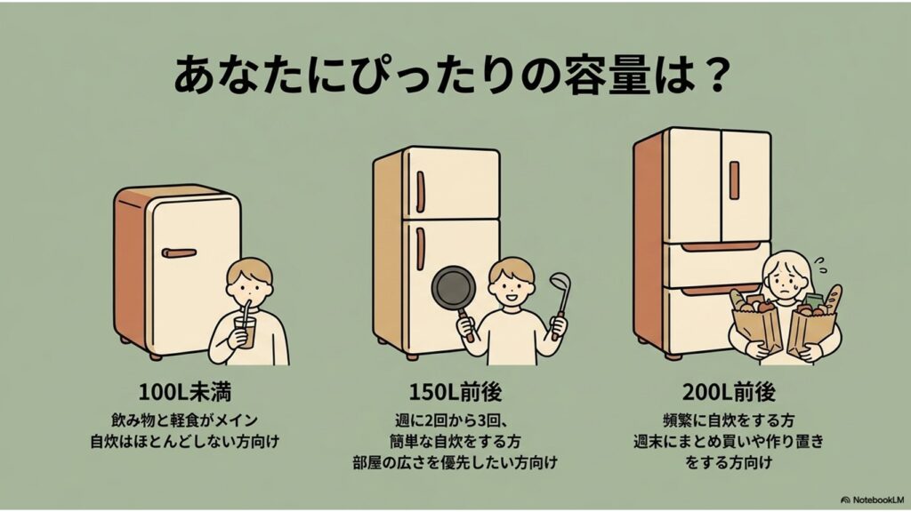 100L未満、150L前後、200L前後の3つの冷蔵庫容量と、それぞれのライフスタイル（自炊しない、簡単な自炊、しっかり自炊）の目安を示したイラスト