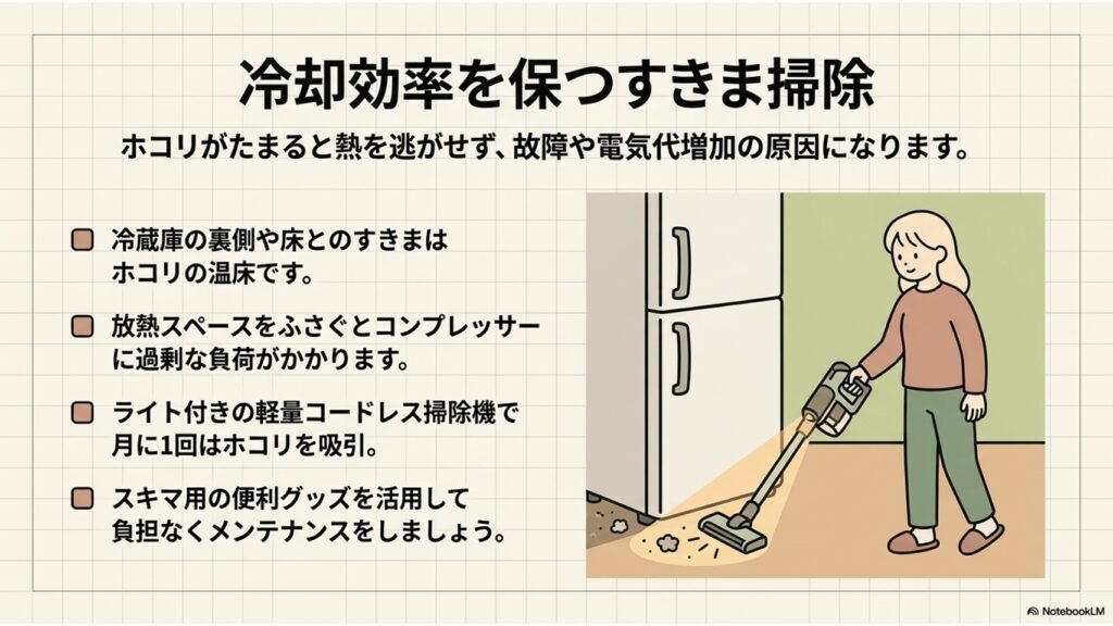 冷蔵庫のメンテナンスに関するスライド。裏側や床との隙間に溜まるホコリが放熱を妨げ、故障や電気代アップに繋がることを説明。ライト付き掃除機など便利家電を活用した月1回のお手入れを推奨しています