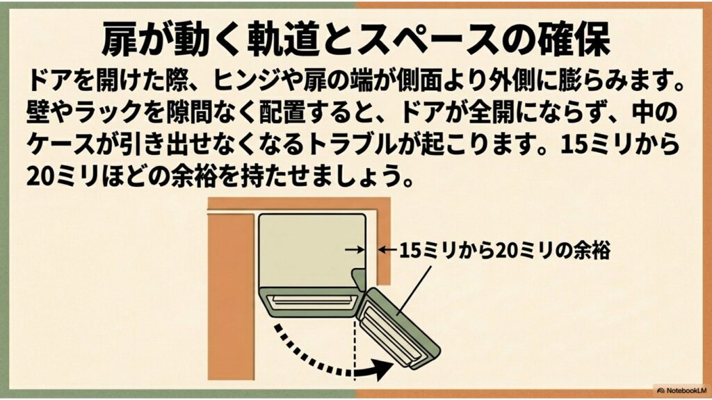 冷蔵庫を上から見た図。ドアを開けた際にヒンジ部分が外側に膨らむ軌道（15mmから20mm）を点線で示し、壁やラックに干渉しないための余裕が必要であることを解説するイラスト