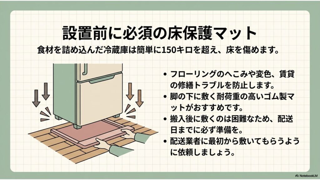 冷蔵庫設置時の床保護マットの必要性を説くスライド。中身を入れると150kgを超える冷蔵庫の重みで床が凹む様子をイラスト化し、耐荷重の高いゴムマットを配送時に設置するようアドバイスしています