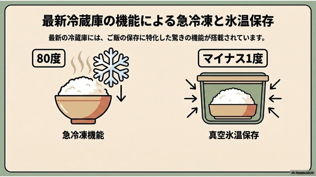 最新冷蔵庫の機能による急冷凍と氷温保存。約80度の熱いご飯をそのまま急冷凍する機能と、約マイナス1度で真空氷温保存する機能のイラスト
