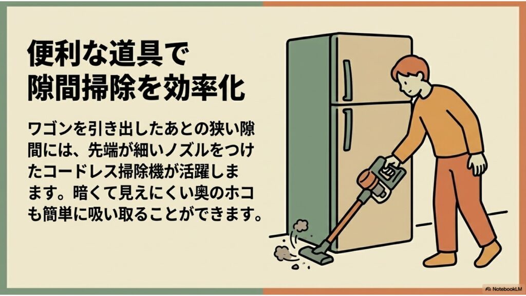 細い隙間ノズルを装着したコードレス掃除機で、冷蔵庫の横に溜まったホコリを吸い取っている人物のイラスト。暗く見えにくい奥のホコリも、便利なノズルや機能を活用して効率化することを提案するスライド