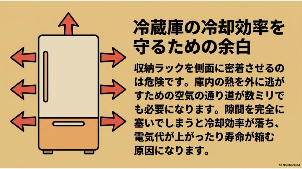 冷蔵庫のイラストの周囲に赤い矢印が描かれ、側面や上部から熱を逃がす仕組みを解説。隙間を塞ぐと冷却効率が下がり、電気代アップや故障の原因になることを説明する図解スライド