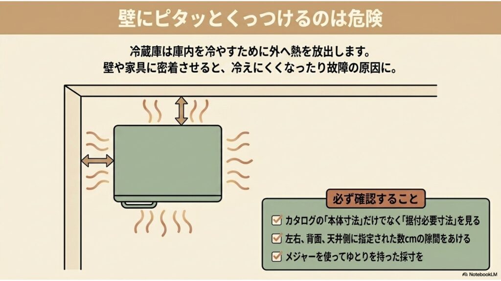 冷蔵庫を壁に密着させると放熱できず故障の原因になるため、左右、背面、天井側に指定された隙間を空ける必要があることを図解したイラスト
