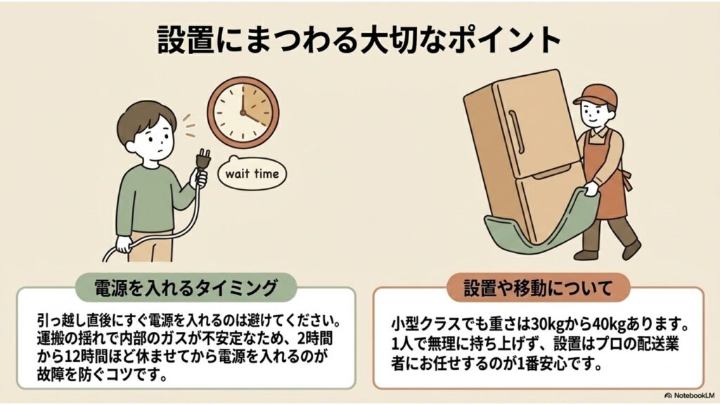 冷蔵庫の設置直後は内部のガスが不安定なため数時間待ってから電源を入れること、また重量があるため一人で無理に持ち上げずプロの配送業者に任せることを注意喚起するイラスト