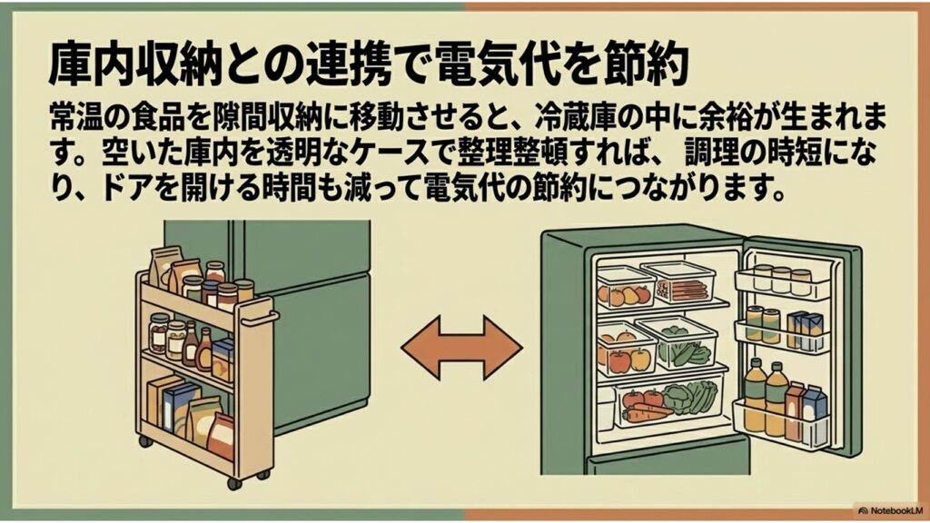 左側に常温食品が入った隙間ワゴン、右側に透明ケースで整理された冷蔵庫内のイラスト。外に出せるものを移動して庫内に余裕を作ることで、調理効率が上がり、扉を開ける時間が減って電気代節約に繋がる仕組みを説明