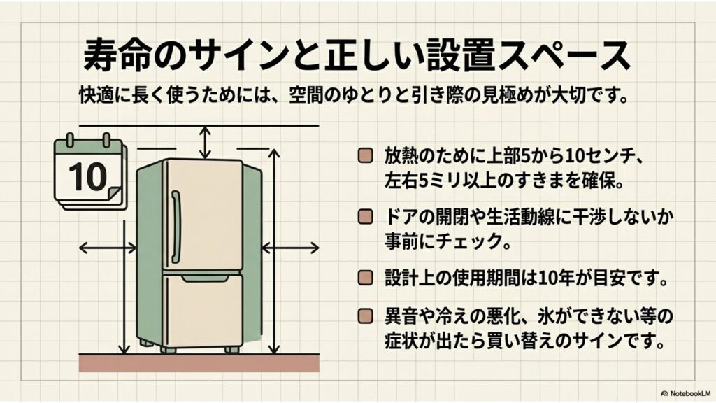 冷蔵庫の寿命と設置環境に関するスライド。上部10cm、左右5mm以上の放熱スペースが必要なこと、設計上の使用期間10年の目安、異音や冷えの悪化といった買い替えのサインをイラストで解説しています
