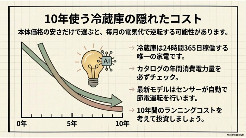 冷蔵庫の長期的なコストを比較したグラフスライド。本体価格が安くても省エネ性能が低いと10年間の電気代で逆転することを視覚化し、最新モデルのAI節電機能への投資が賢い選択であることを示しています