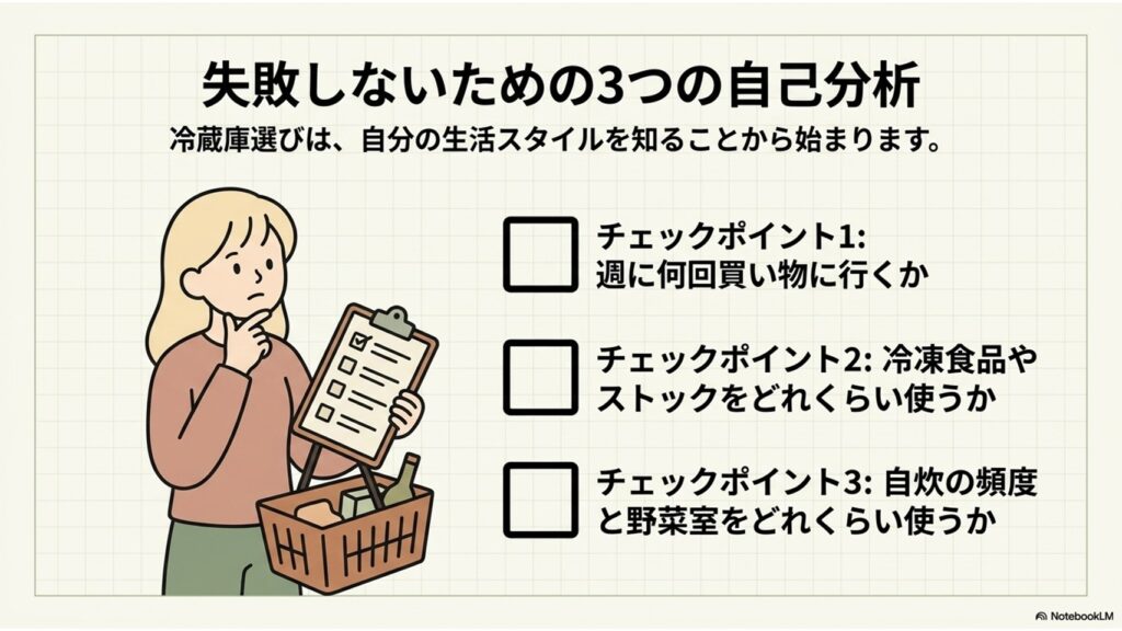 冷蔵庫選びの前に確認すべき3つのポイントを解説したスライド。「週に何回買い物に行くか」「冷凍食品の利用量」「自炊頻度と野菜室の使用量」をチェックすることで、生活スタイルに合った一台を選べるよう促しています