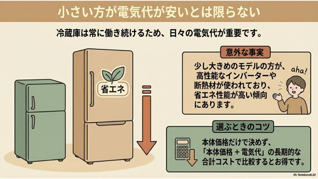 小さい冷蔵庫よりも少し大きめの冷蔵庫の方が省エネ性能が高く電気代が安い場合があるため、本体価格と電気代の長期的な合計コストで比較することを推奨するイラスト